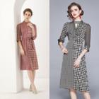 3/4-sleeve Paneled Houndstooth Tie-neck Midi A-line Dress