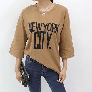 Round-neck 3/4-sleeve Lettering T-shirt