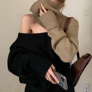 Two-tone Cold Shoulder Turtleneck Sweater Black & Khaki - One Size