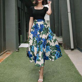 Set: Short-sleeve Square-neck Top + Midi A-line Skirt