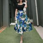 Set: Short-sleeve Square-neck Top + Midi A-line Skirt