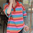 Elbow-sleeve Striped Polo Shirt Polo Shirt - Stripe - Rainbow - Red & Tangerine & Pink - One Size
