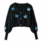 Puff-sleeve Butterfly Embroidered Cropped Cardigan