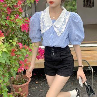 Two Tone Plaid Lace Button-up Blouse