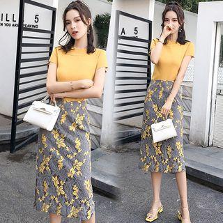 Set: Short-sleeve Knit Top + High Waist Lace Midi Skirt