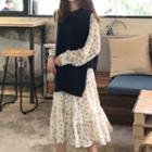 Long-sleeve Floral Print Midi A-line Dress/ Knit Vest
