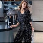Short-sleeve Dotted Jumpsuit Black - One Size
