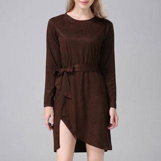 Faux Suede Tie Waist Long-sleeve Dress