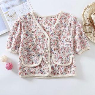 Short-sleeve Floral Embroidered Blouse Flower - Pink - S