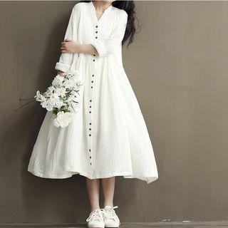 Button-front Long-sleeve V-neck Dress