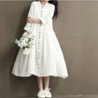 Button-front Long-sleeve V-neck Dress