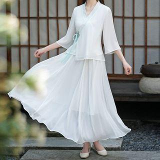 3/4-sleeve Hanfu Top / Maxi A-line Skirt / Set