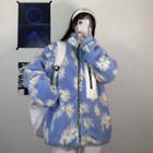 Daisy Print Shearling Stand-collar Jacket Light Blue - One Size