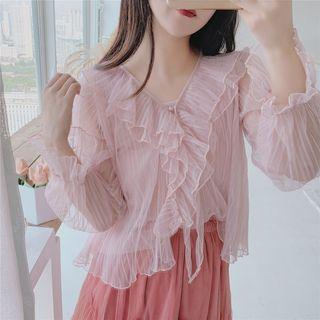 Set: Long-sleeve Frill-trim Top + Spaghetti Strap Top