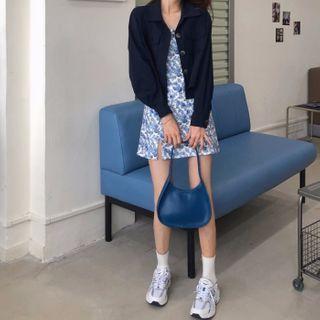 Floral Print Spaghetti-strap Mini A-line Dress / Single-breasted Jacket