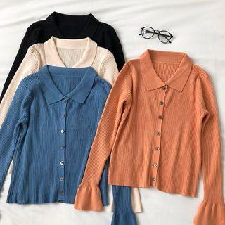 Plain Single-breasted Flare-sleeve Knit Top