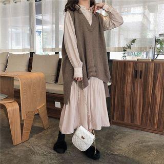 Long-sleeve Midi Shirt Dress / Long Knit Vest