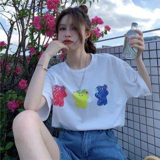 Bear Print Tee Short-sleeve Top White - One Size