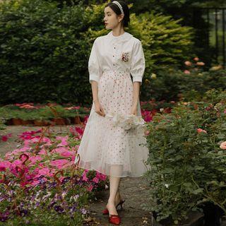 Set: Elbow-sleeve Shirt + Dotted Midi A-line Skirt