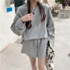 Set: Round-neck Plain Long-sleeve Sweatshirt + High-waist Wide-leg Shorts