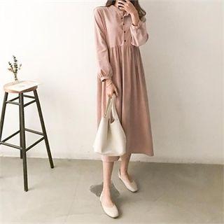 Mandarin-collar Corduroy Long Shirtdress