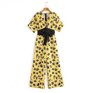 Flower Print Short-sleeve Wide-leg Jumpsuit