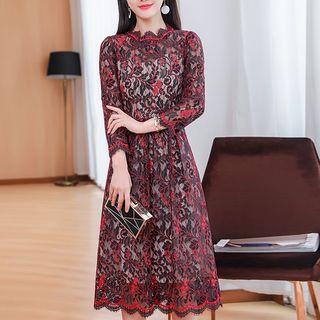 Print 3/4-sleeve Lace Dress