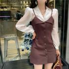 Plain Long-sleeve Blouse / Slim-fit Sleeveless Dress