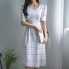 Square-neck Tie-waist Plaid Dress