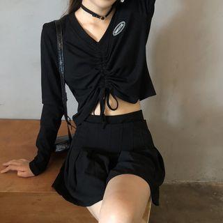 Drawstring Knit Top Black - One Size