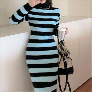 Turtleneck Striped Knit Midi Bodycon Dress Stripes - Light Blue & Black - One Size