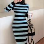 Turtleneck Striped Knit Midi Bodycon Dress Stripes - Light Blue & Black - One Size