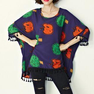 Printed Fringe Elbow-sleeve T-shirt