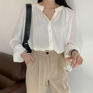 Plus Size Notch-neck Shirred Blouse