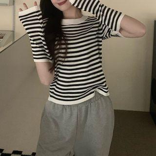 Elbow-sleeve Cutout Striped Knit Top