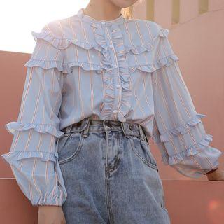 Striped Ruffle Trim Blouse As Shown In Figure - One Size
