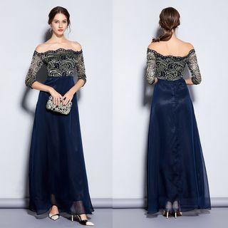 Off-shoulder Lace Panel Mesh A-line Evening Gown