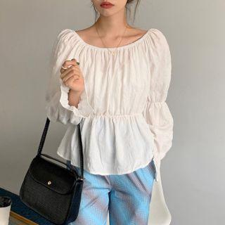 Puff Sleeve Plain Peplum Blouse White - One Size