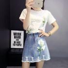 Set: Applique Short-sleeve T-shirt + A-line Denim Skirt