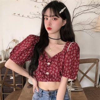 Cropped Floral V-neck Short Sleeve Blouse