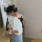Short-sleeve Ribbon Back Blouse White - One Size