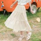 Plaid Band-waist Tiered Midi A-line Skirt Almond - One Size