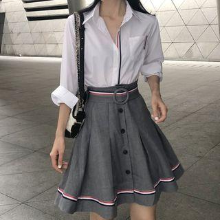 Contrast Trim Shirt / High-waist Buttoned A-line Skirt