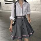 Contrast Trim Shirt / High-waist Buttoned A-line Skirt