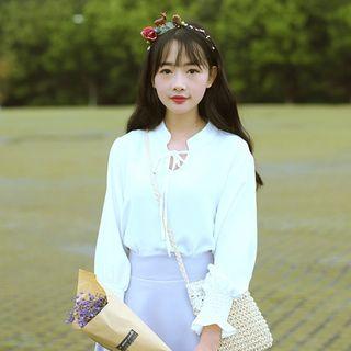 Mandarin Collar Tie-neck Chiffon Blouse