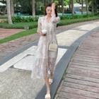 Set: Long Sleeve Stand Collar Placket Floral Embroidered Midi Shirt Dress + Plain Slipdress