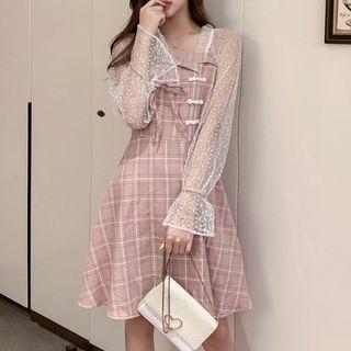 Long-sleeve Plaid Mesh A-line Dress