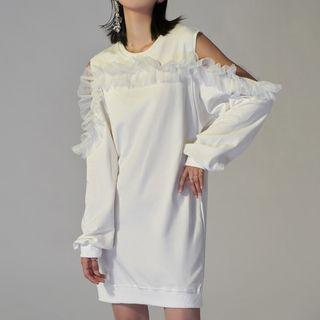Cold Shoulder Ruffled Sweatshirt Dress White - One Size