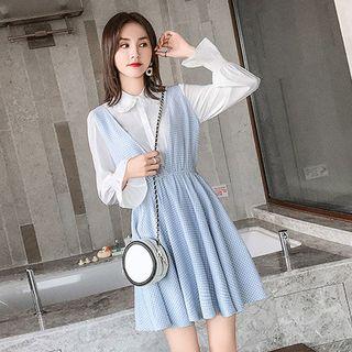 Set: Ruffle Trim Shirt + Plaid Jumper Dress
