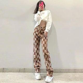 Mid Waist Checker Print Wide Leg Jeans